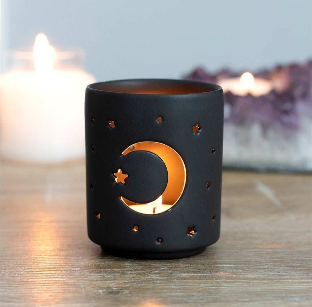 Small Black Mystical Moon Cut Out Tealight Holder